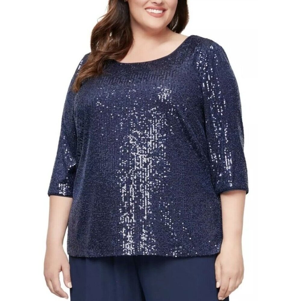 Alex Evenings Women's Blouse Size 3X Sequined Boat Neck Plus Dark Navy (47)